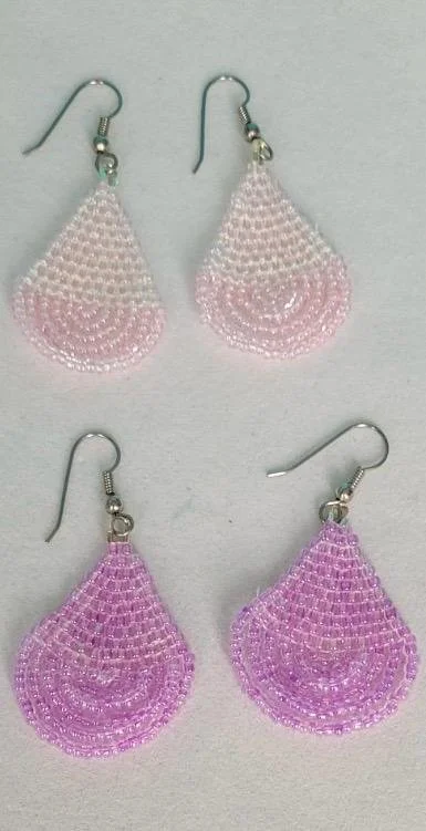 Soft Pink‑White & Rosy Teardrop Beadwork Earrings