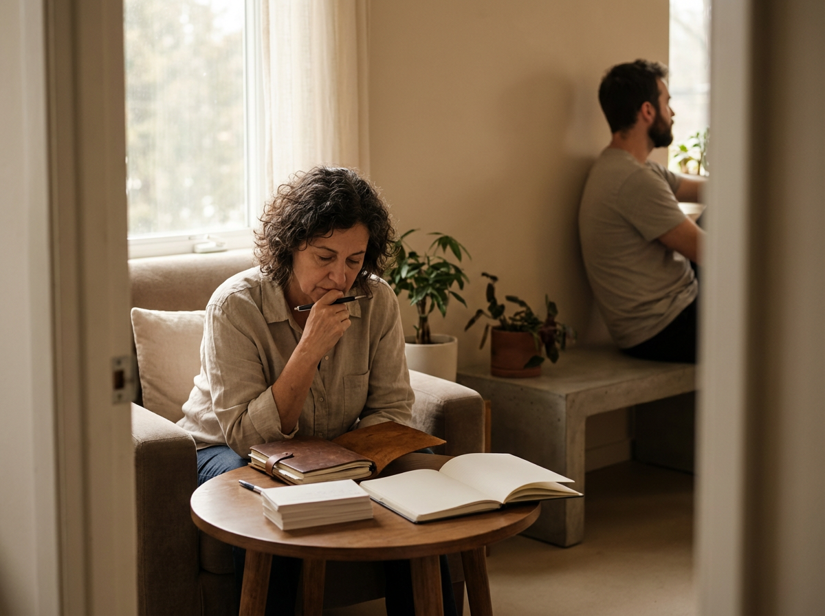 A woman with curly hair reads a book and looks thoughtful, sitting in a living room, with a man sitting in the background near a window, facing away.