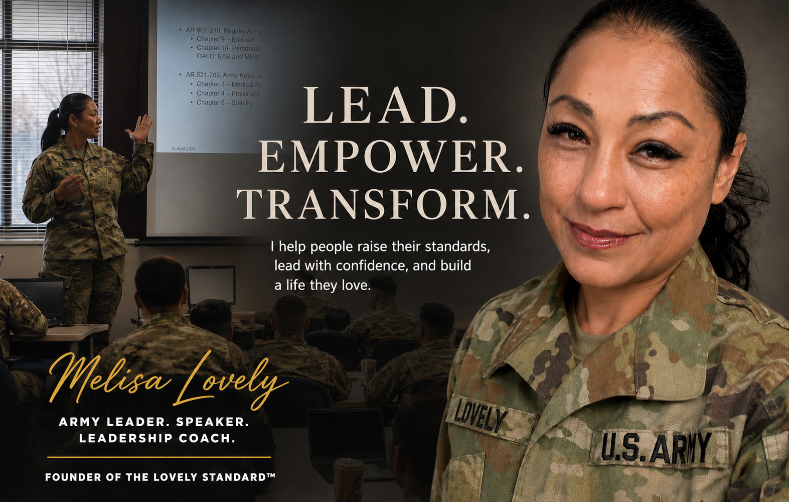Master Sergeant Melisa Lovely,  speaking to soldiers in a military classroom during a leadership presentation.
