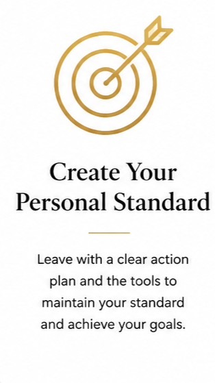 An illustration of a gold target with an arrow hitting the bullseye, accompanied by the text 'Create Your Personal Standard' and a message about setting clear action plans to achieve goals.