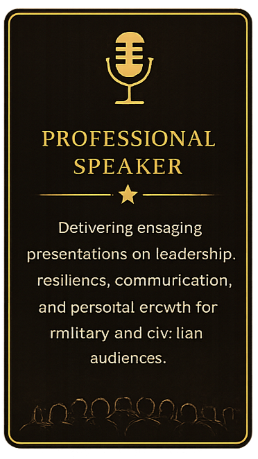 Sign for a professional speaker offering presentations on leadership, resilience, communication, and personal growth for military and civilian audiences, with a microphone icon at the top.
