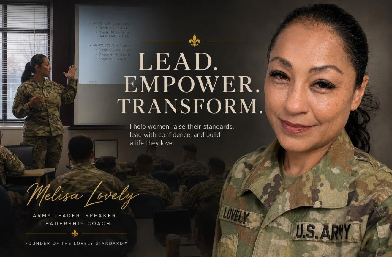 A woman in military uniform smiling in front of a presentation slide that reads 'Lead. Empower. Transform.' She is Melisa Lovely, an army leader, speaker, leadership coach, and founder of The Lovely Standard.