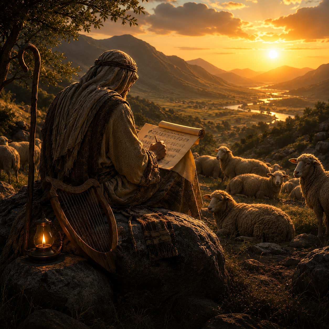 Shepherd writing Scripture-inspired worship music at sunset, surrounded by sheep, overlooking a peaceful valley. Symbolizing biblical worship, faith, and God's guidance.