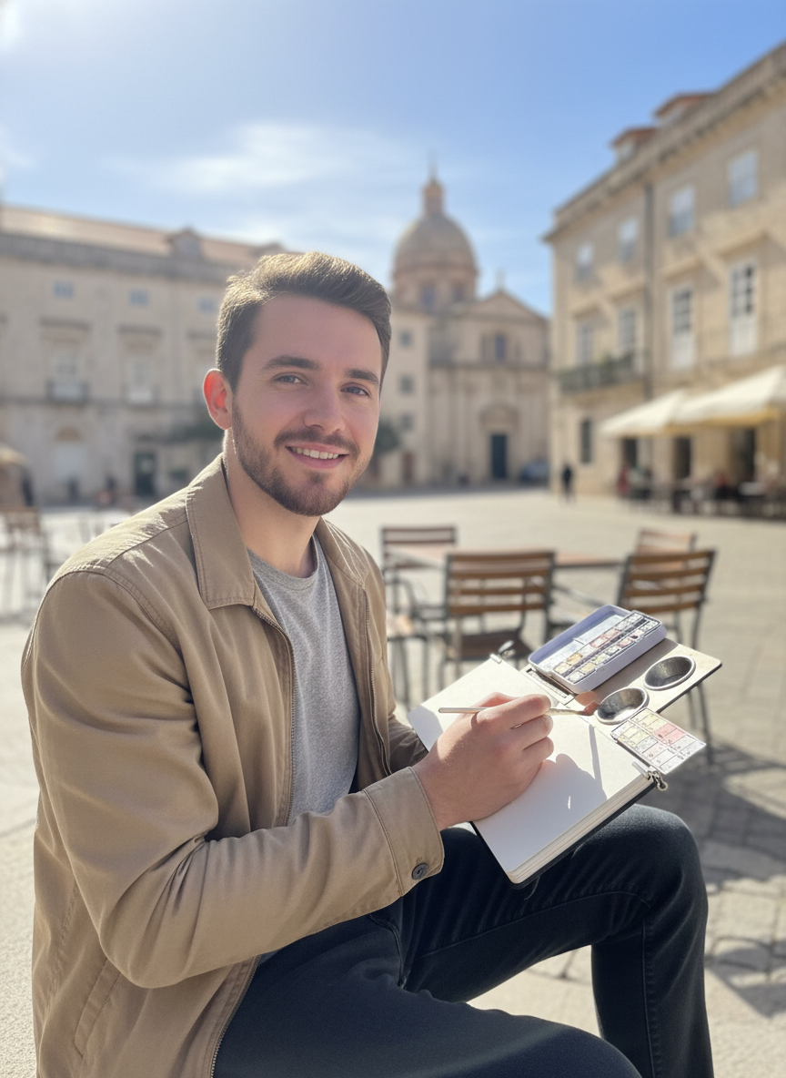 A young man with short brown hair and a beard, sitting outdoors at a cafe, smiling at the camera, holding a notebook and a paint palette. Behind him are empty wooden chairs and tables, historic buildings, and a church dome in the background under a partly cloudy sky.