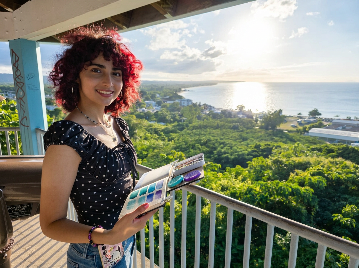 A woman with curly red hair, wearing a black polka dot top, smiling and holding a color palette and a color sample book, standing on a balcony overlooking lush greenery, water, and a partly cloudy sky during sunset.
