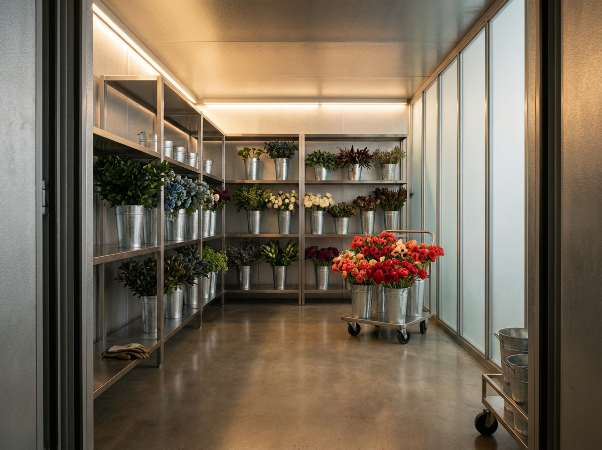 A room with metal shelves filled with various potted plants and flowers in metal buckets, and a cart with red and pink flowers.