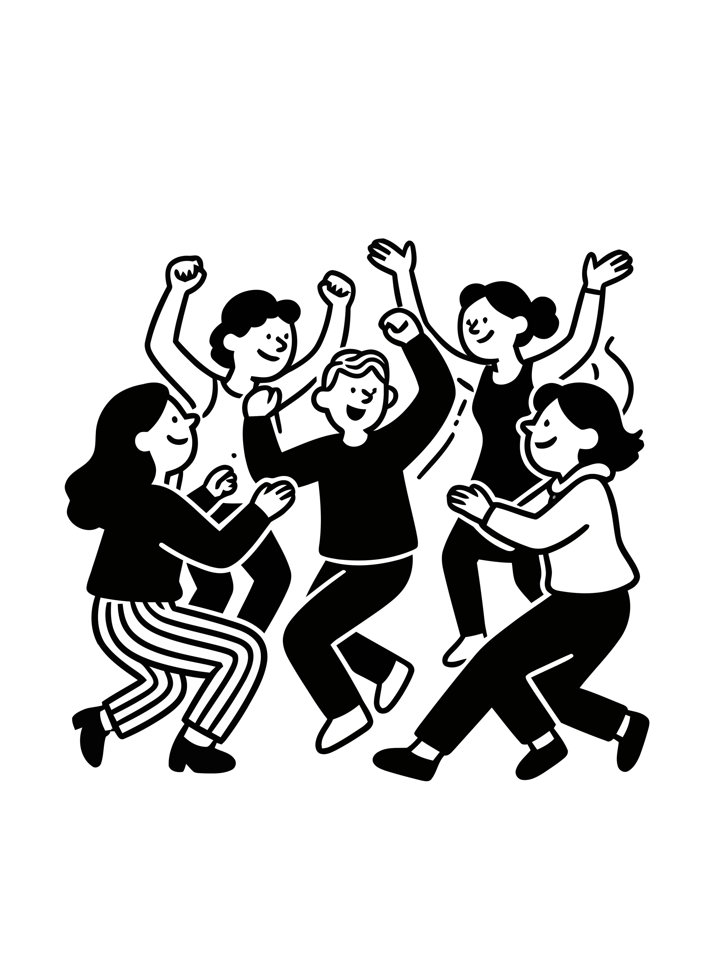 Six people celebrating. Illustration by Kamara Rahmat.