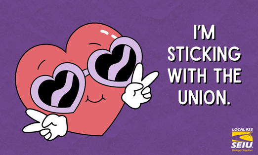 A cartoon heart with heart-shaped sunglasses giving a peace sign and the text 'I'm sticking with the Union.'