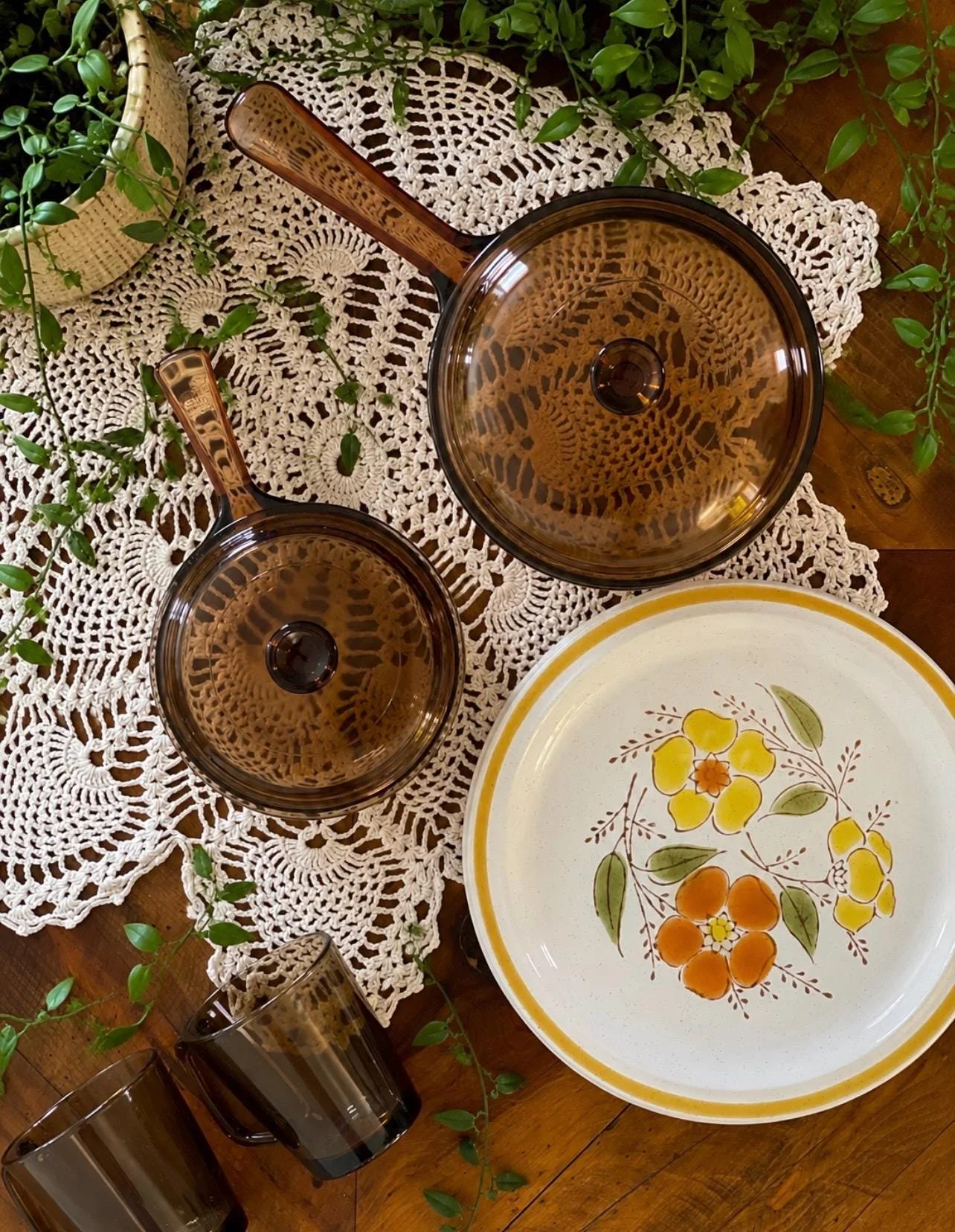 Set of 2 Vintage Corning Visions Amber Glass Pots