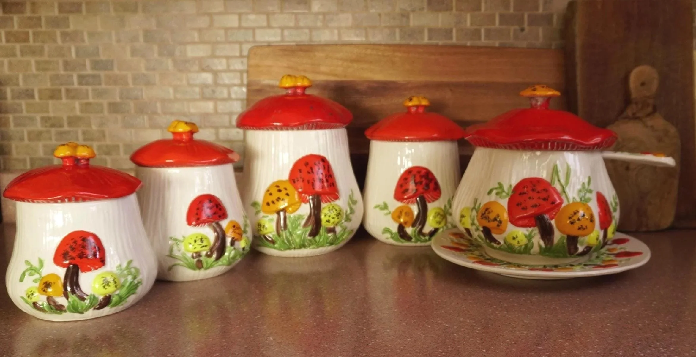 Vintage Porcelain Mushroom Canister 7 Pc Set