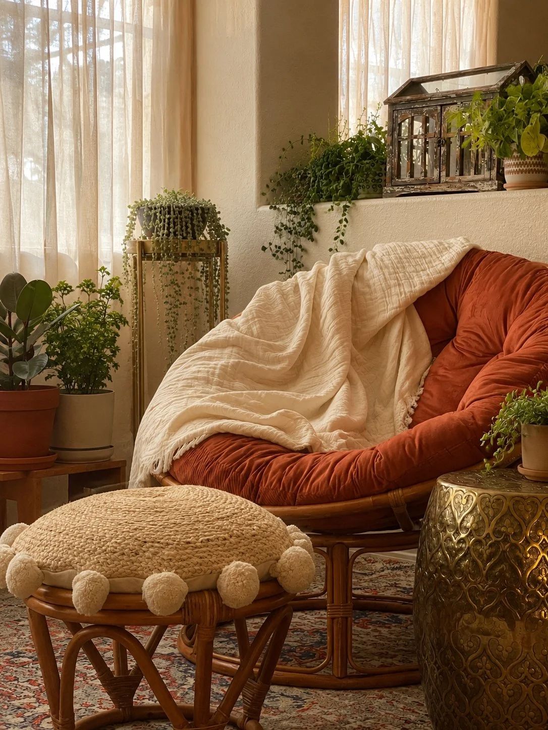 A cozy living room corner with a rattan chair covered by a cream blanket, an orange velvet rounded chair, a woven footstool with pom-poms, and an antique gold side table. Potted plants and a miniature greenhouse are near the window, letting in natural light.