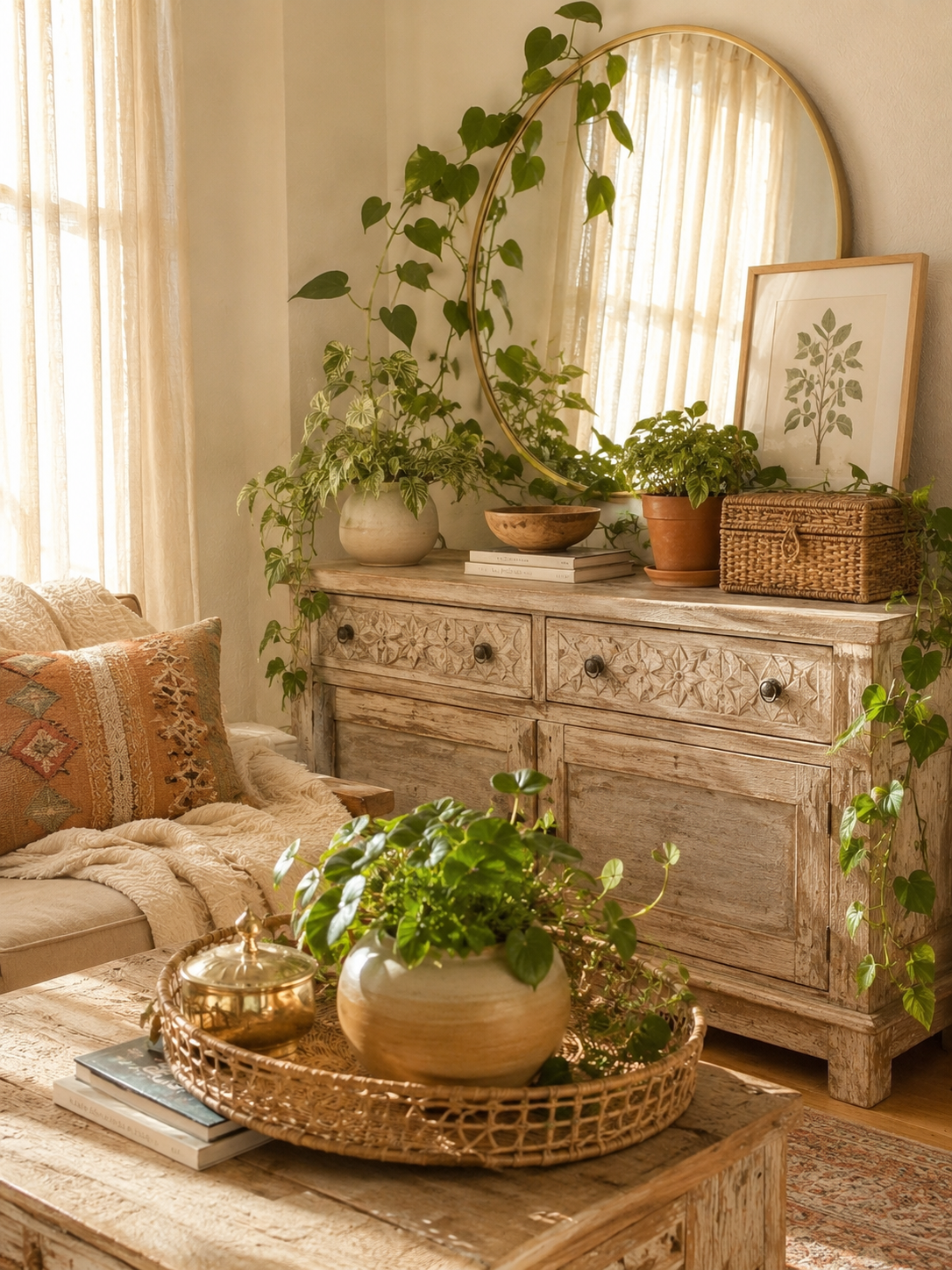 A cozy living room corner with a distressed wood sideboard decorated with houseplants, a framed botanical print, and a round mirror. A wooden coffee table holds a large plant in a beige pot, a gold decorative object, and books. Sunlight filters through sheer curtains, creating a warm, inviting atmosphere.