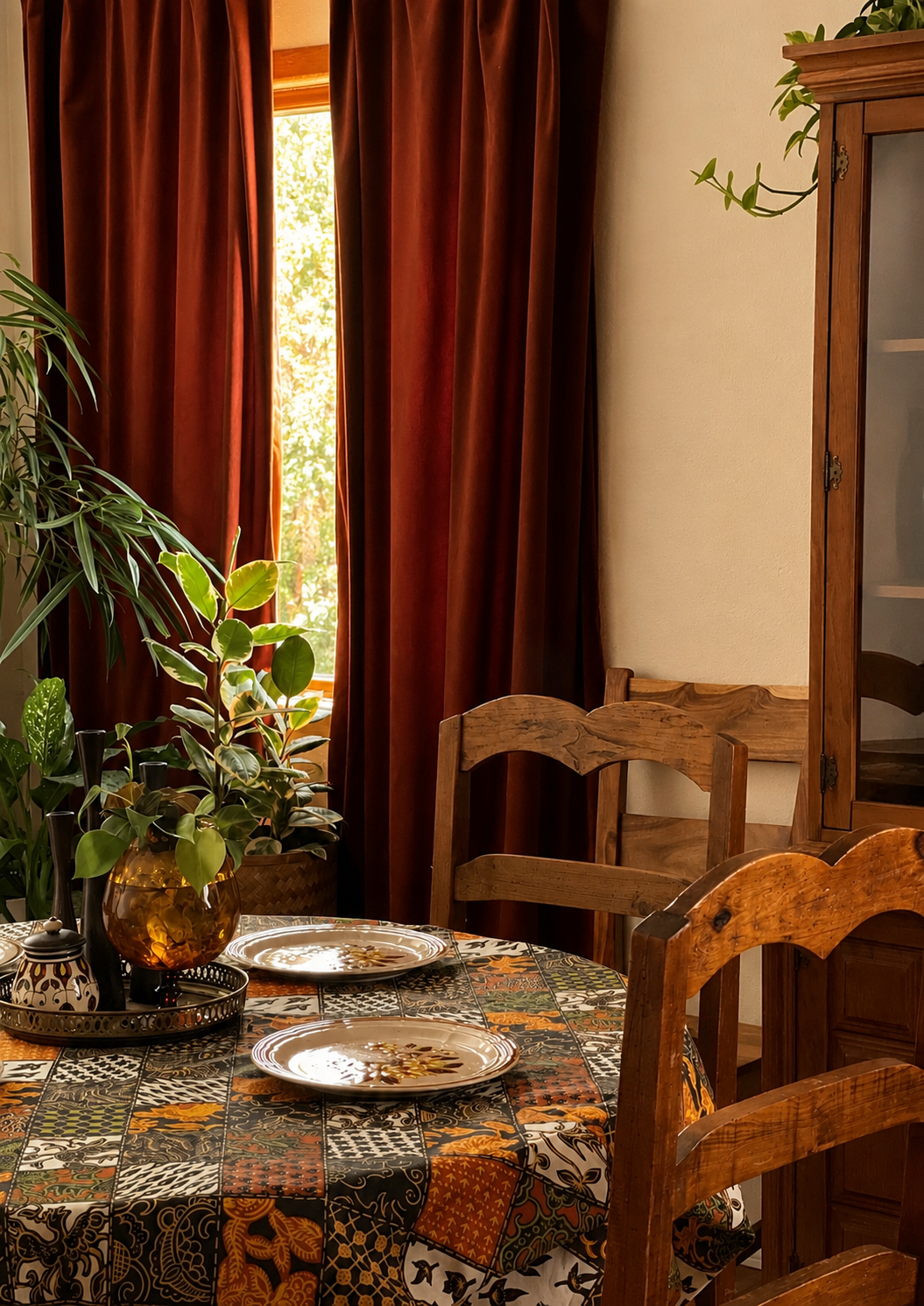 Round wooden table with decorative tablecloth and ornate plates next to a window with burnt orange curtains.