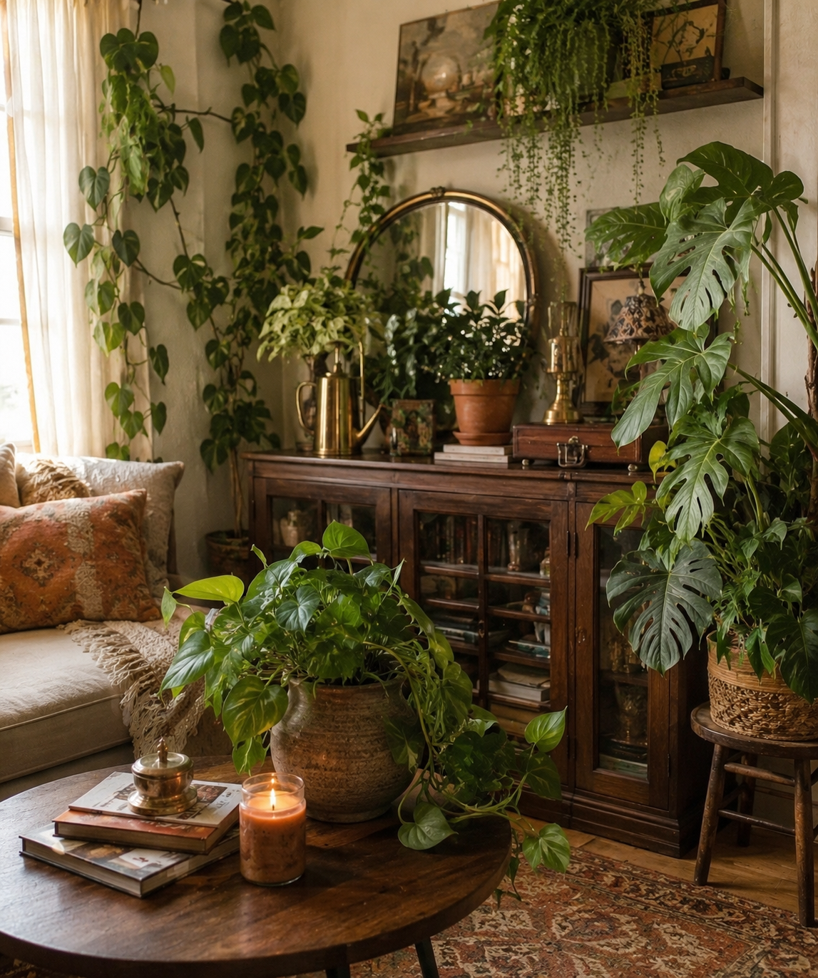 A cozy living room corner with lush green plants, a wooden cabinet with glass doors, a round mirror, and a coffee table with candles and books.