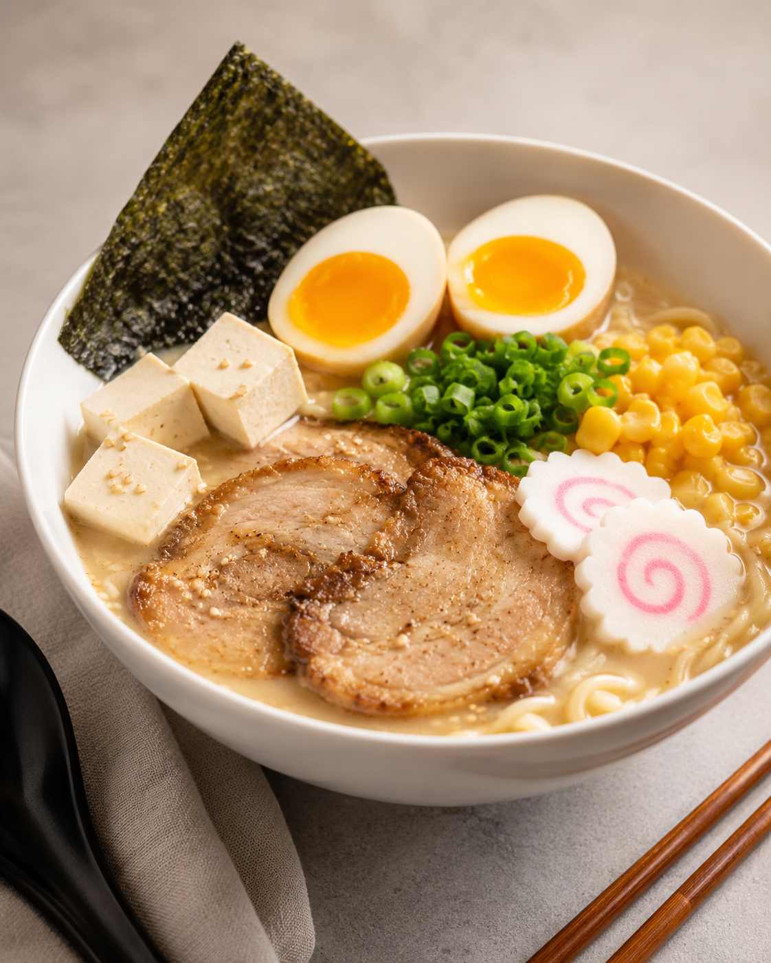 Bowl of ramen with soft boiled eggs, chopped green onions, corn, narutomaki fish cake slices, tofu cubes, seaweed, and slices of pork.