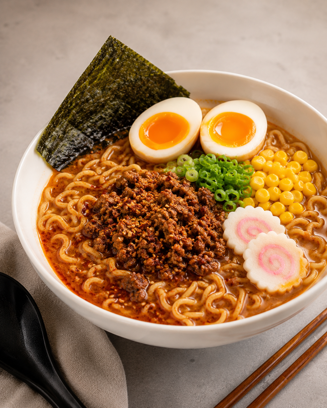 Bowl of ramen with soft-boiled eggs, nori seaweed, ground meat, green onions, corn, and fish cake slices on a gray surface.
