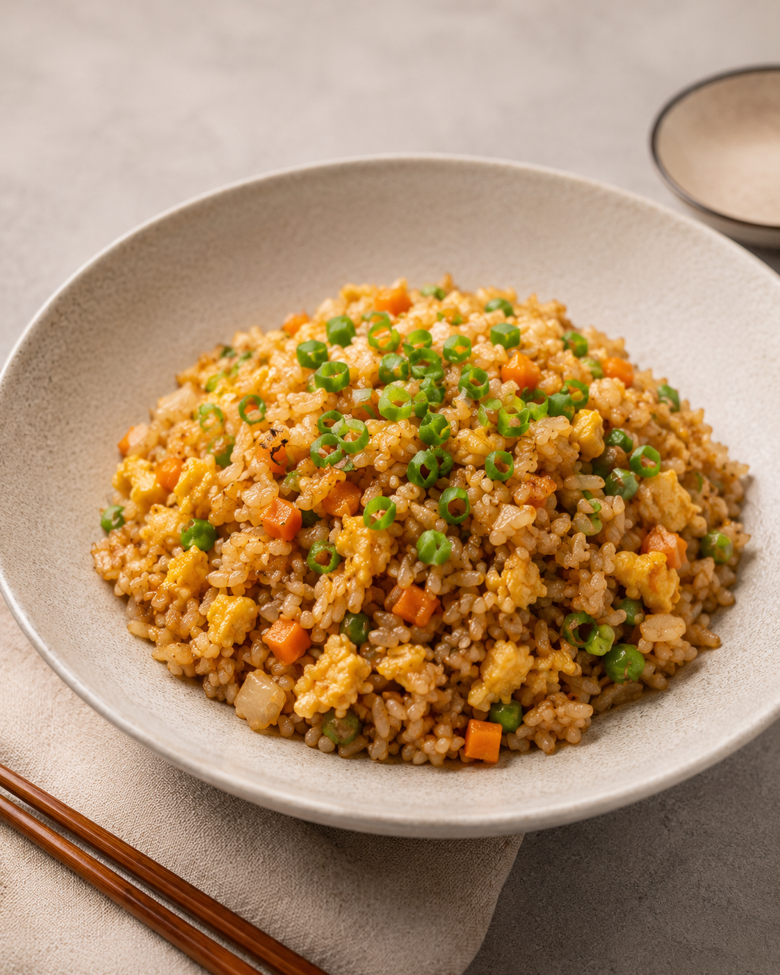 A bowl of fried rice topped with chopped green onions, containing carrots, scrambled eggs, and rice.