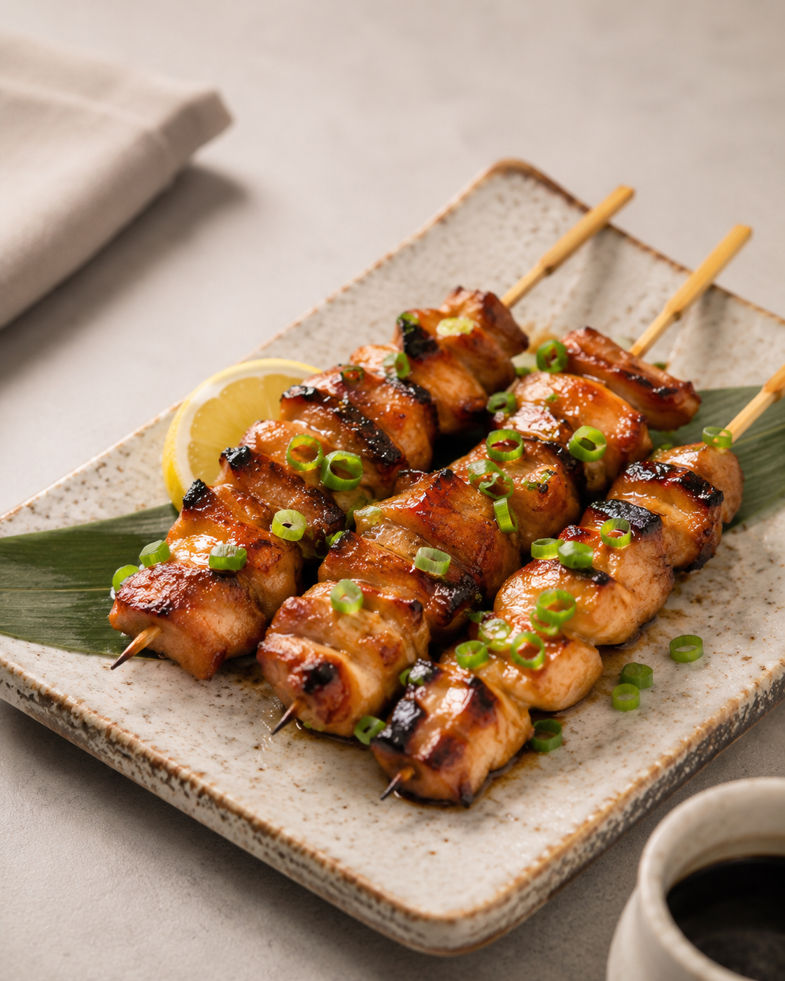 Grilled chicken yakitori skewers garnished with green onions and served with lemon slices on a rectangular plate.