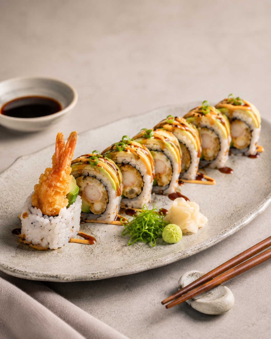 A plate of sushi rolls topped with sauce and garnishes, served with wasabi, pickled ginger, and a fried shrimp tempura on the side. A small dish of soy sauce is in the background.
