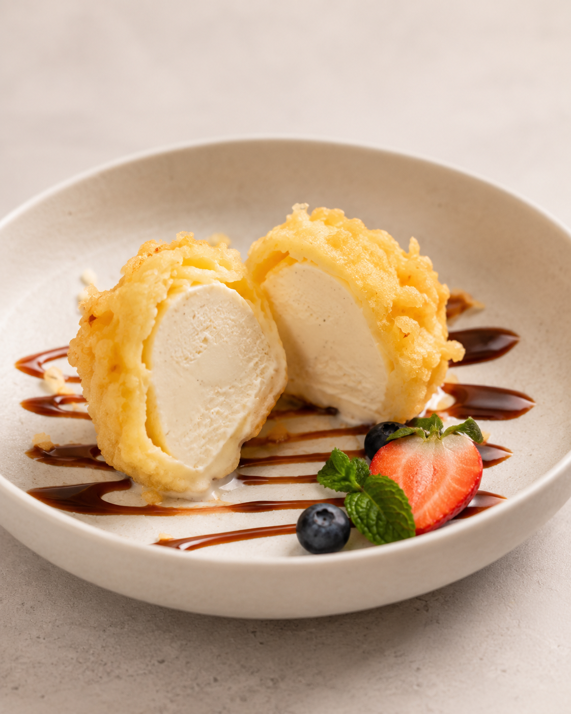 Two scoops of vanilla ice cream with a crispy outer coating served on a white plate with chocolate syrup and garnished with strawberries, blueberries, and mint leaves.