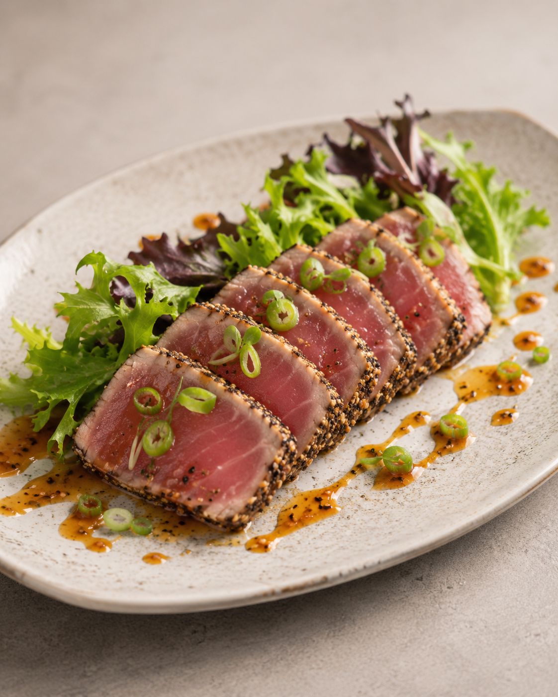 Sliced seared tuna with sesame seeds, garnished with green onions and microgreens, served with a leaf lettuce salad and drizzled with sauce on a white ceramic plate.