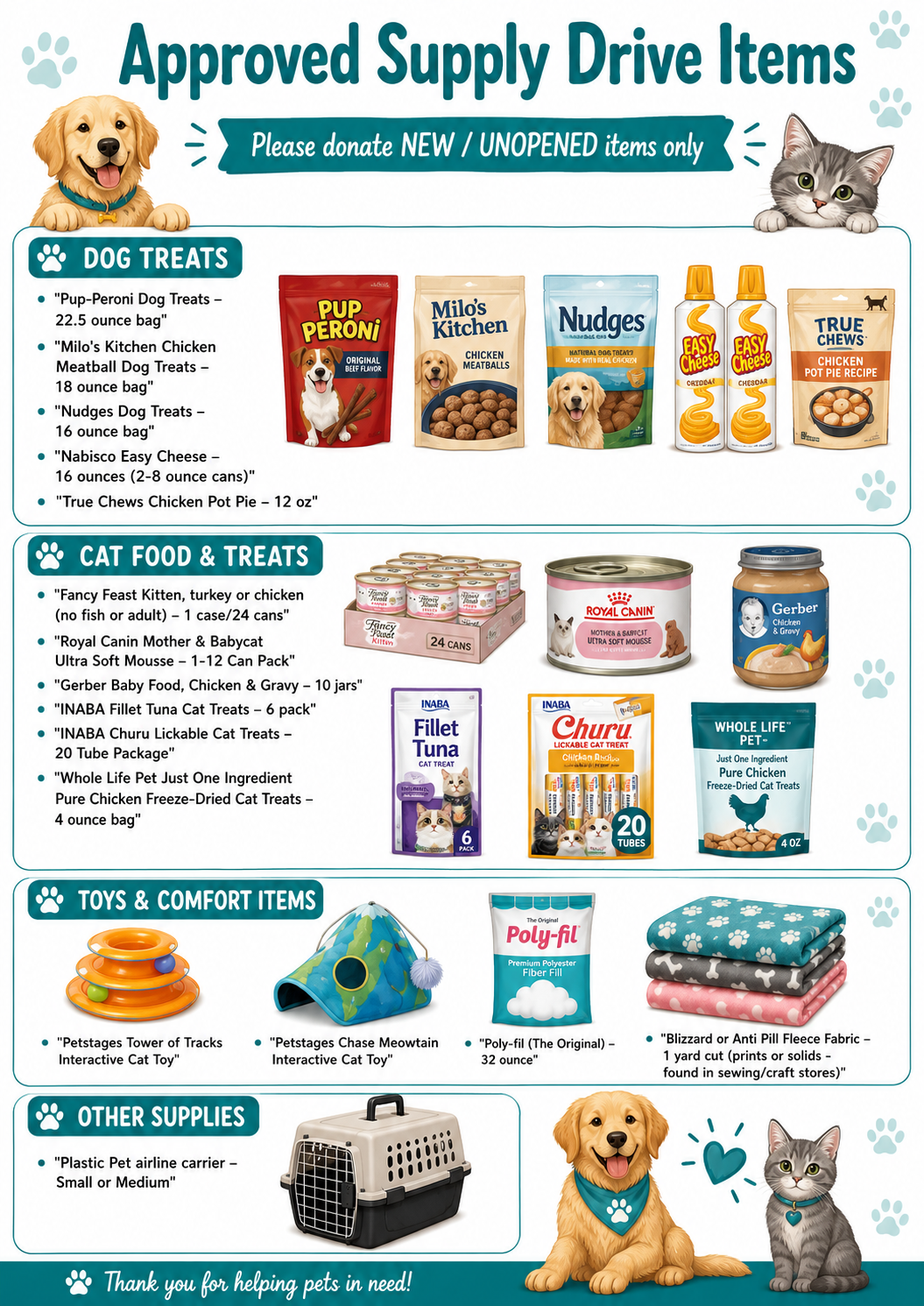 Poster listing approved supply drive items for pets, including dog treats, cat food & treats, toys, comfort items, and other supplies, with images of a dog and a cat.