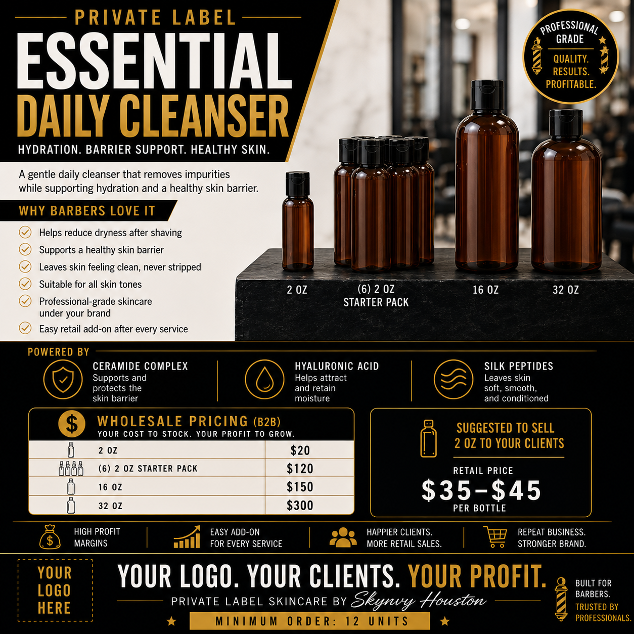 Poster advertising private label essential daily cleanser with different bottle sizes, benefits for hair and skin, wholesale pricing, and branding options for barbershops.