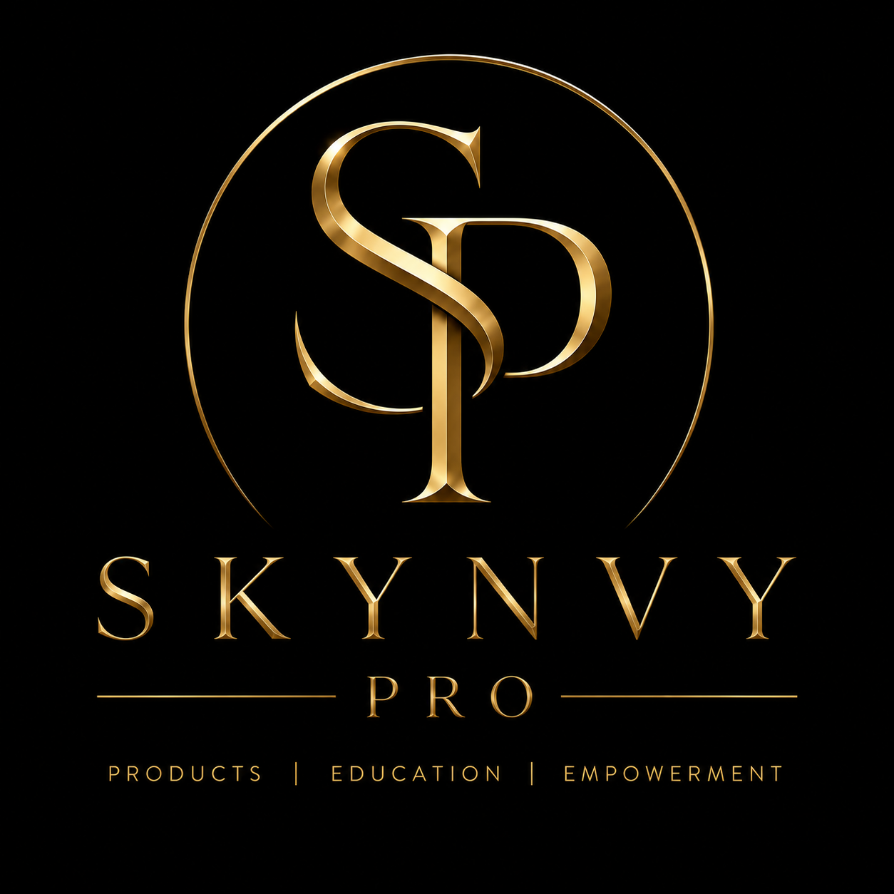 Golden logo for SkyNvy Pro featuring overlapping S and P initials inside a circle, with the words 'SkyNvy Pro' and 'Products | Education | Empowerment' below.