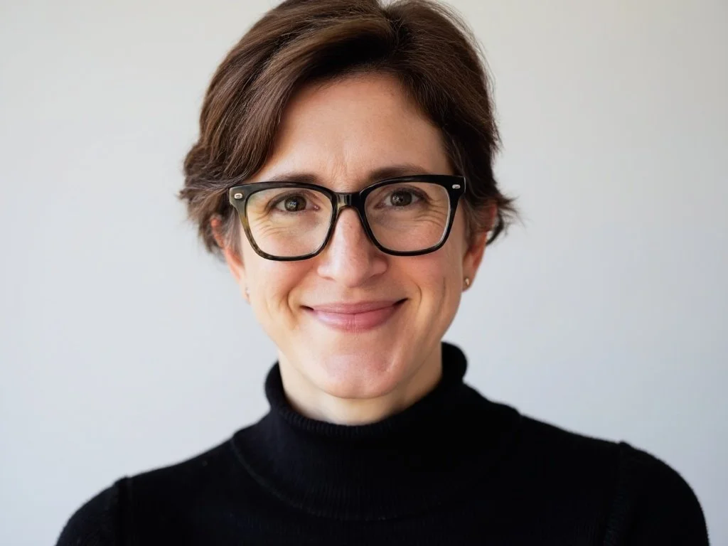 A woman with short brown hair, glasses, and wearing a black turtleneck sweater, smiling in front of a neutral background.