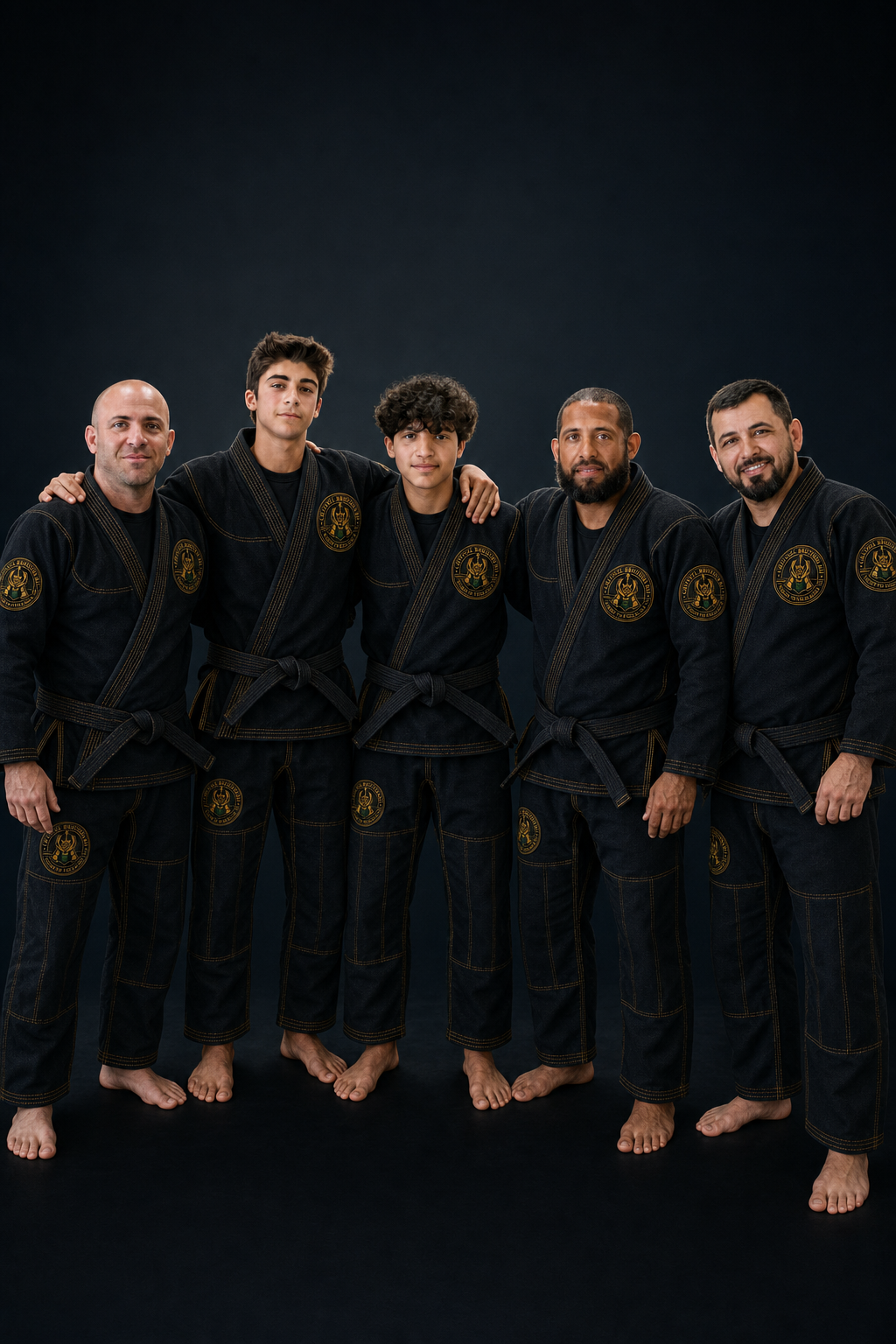 Five men and two boys in black martial arts uniforms with gold insignia on dark background.