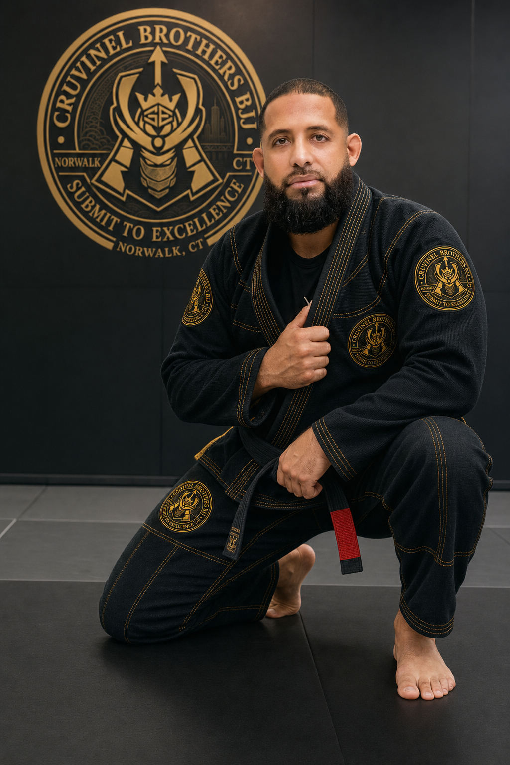 A man kneeling in a Brazilian Jiu-Jitsu gi in front of a black wall with a circular logo of Cruvinel Brothers BJJ, featuring a hornet and the text "Summit to Excellence," wearing a black belt, with patches on his gi.
