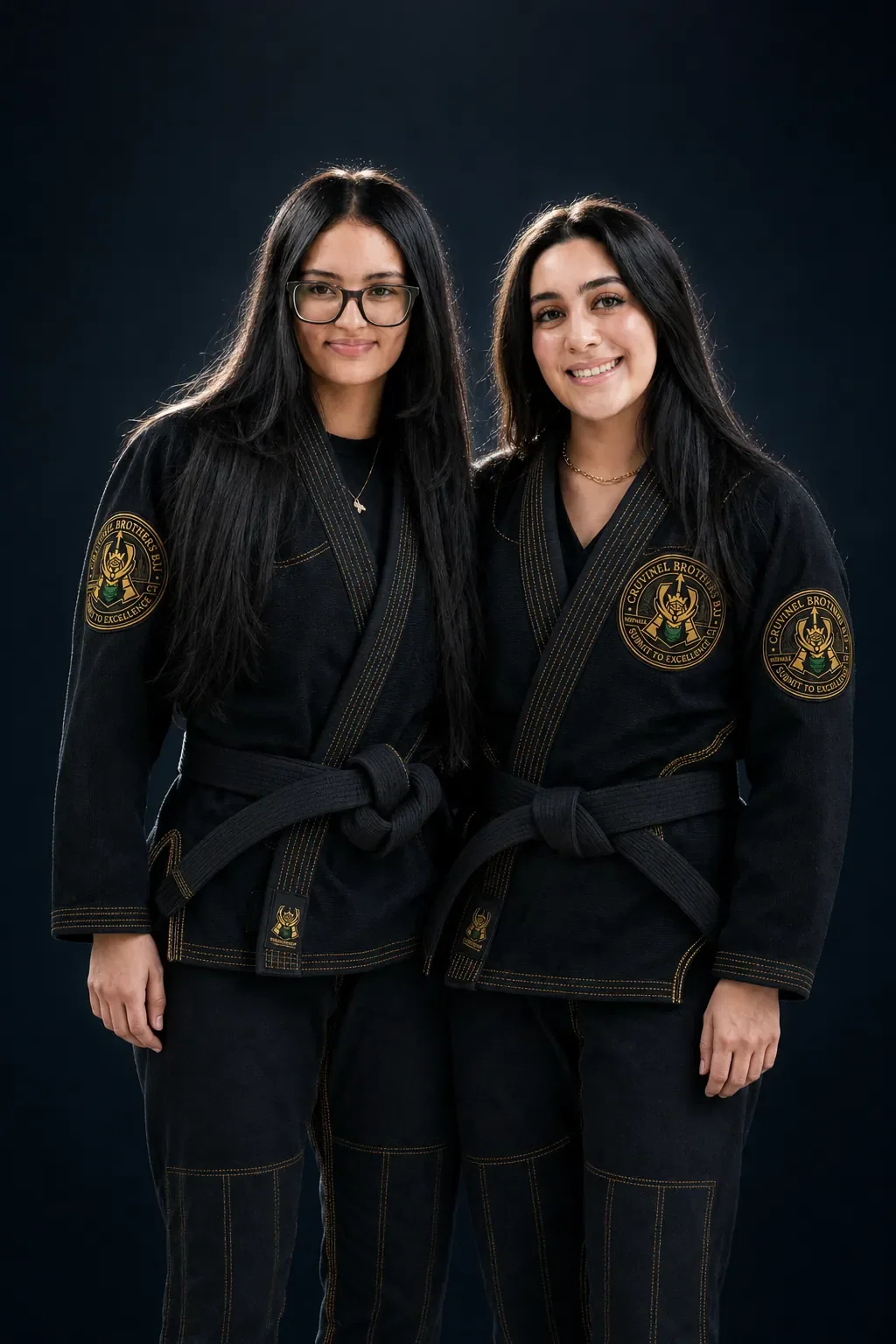 Two women in black martial arts uniforms with gold patches, standing side by side against a dark background, smiling.
