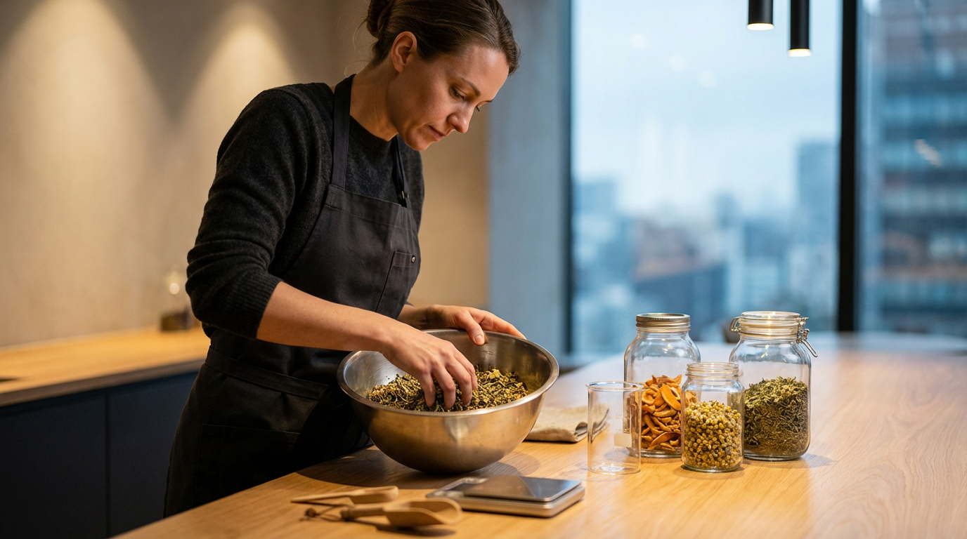A woman wearing a black apron is preparing a mixture of dried herbs or spices in a large bowl on a wooden kitchen island.