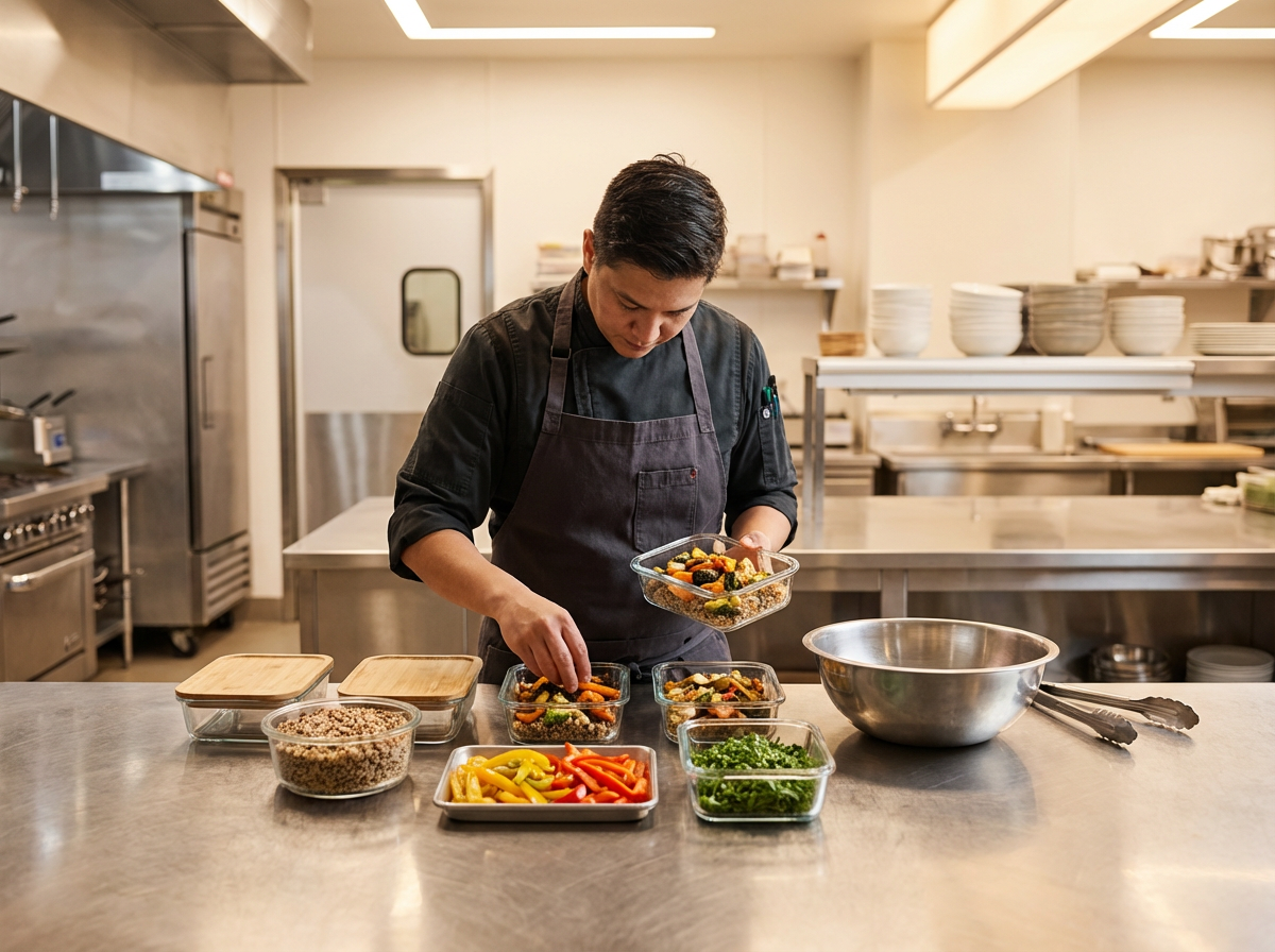 A chef in a professional kitchen prepares a salad or dish with various colorful vegetables and grains.