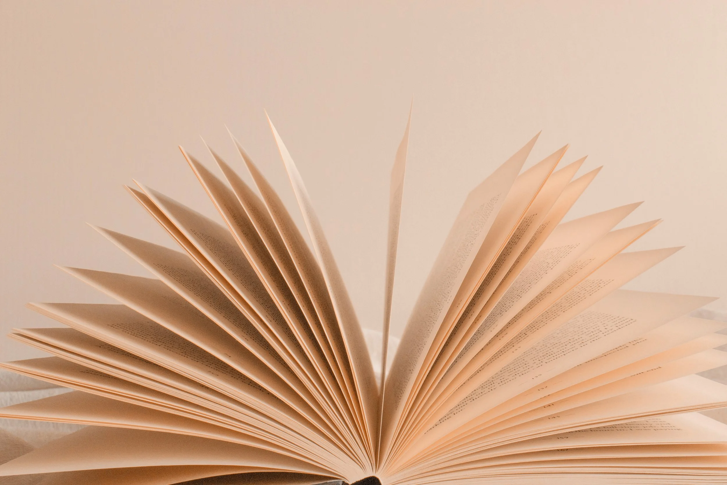 Open book with pages fanned out against a plain background.