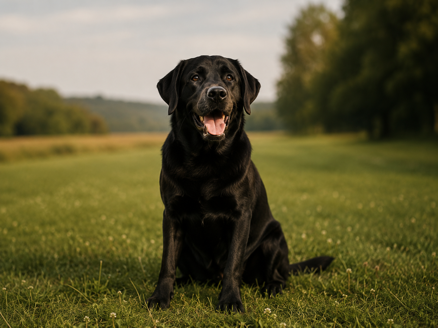 A happy black Labrador Retriever sitting on a grassy field with trees in the background during daytime.