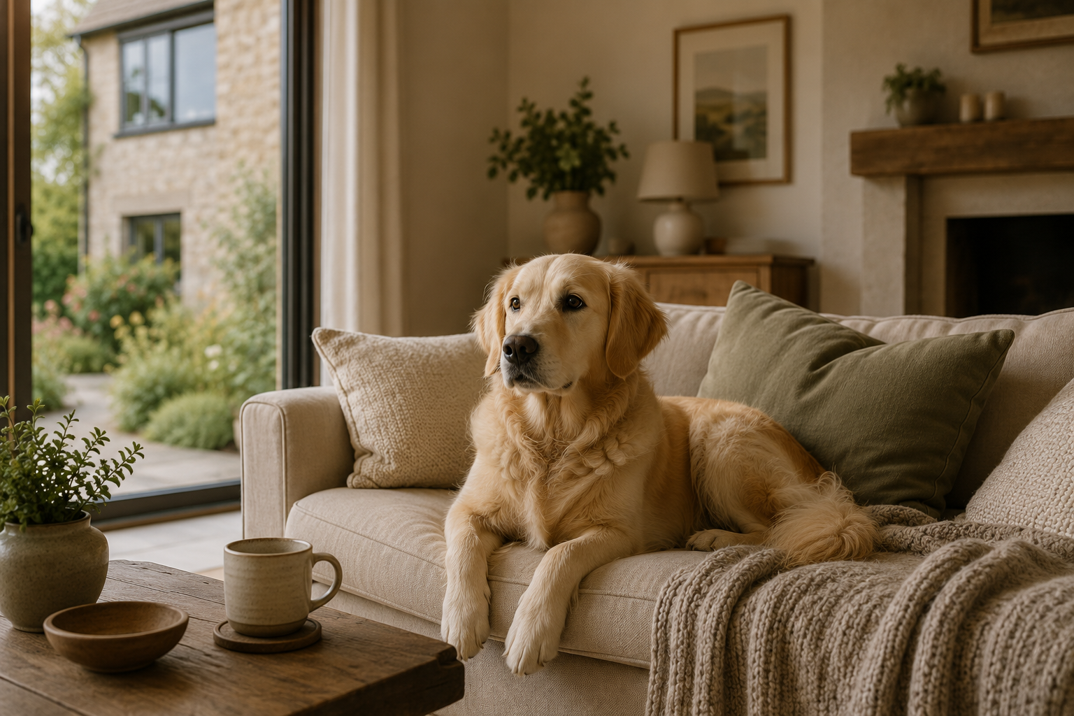 Golden retriever dog lying on a beige sofa in a cozy living room, near a glass door with a view of a garden outside.