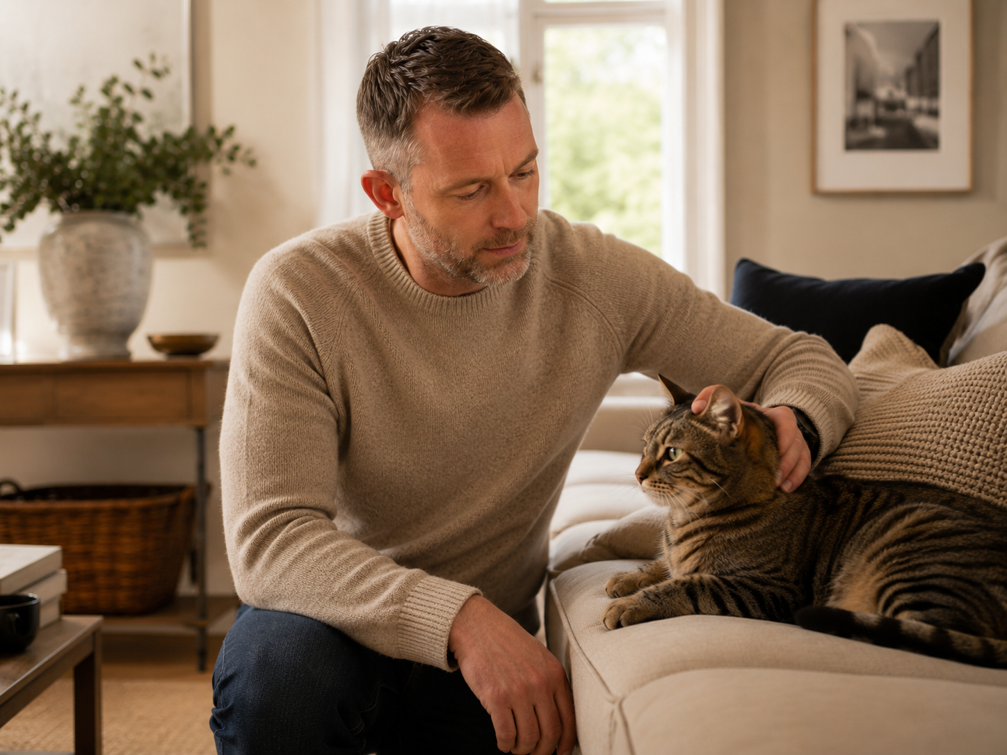 A man with gray hair and a beard, wearing a beige sweater, petting a tabby cat on a cream-colored couch in a cozy living room with a window, a large potted plant, and wall art.