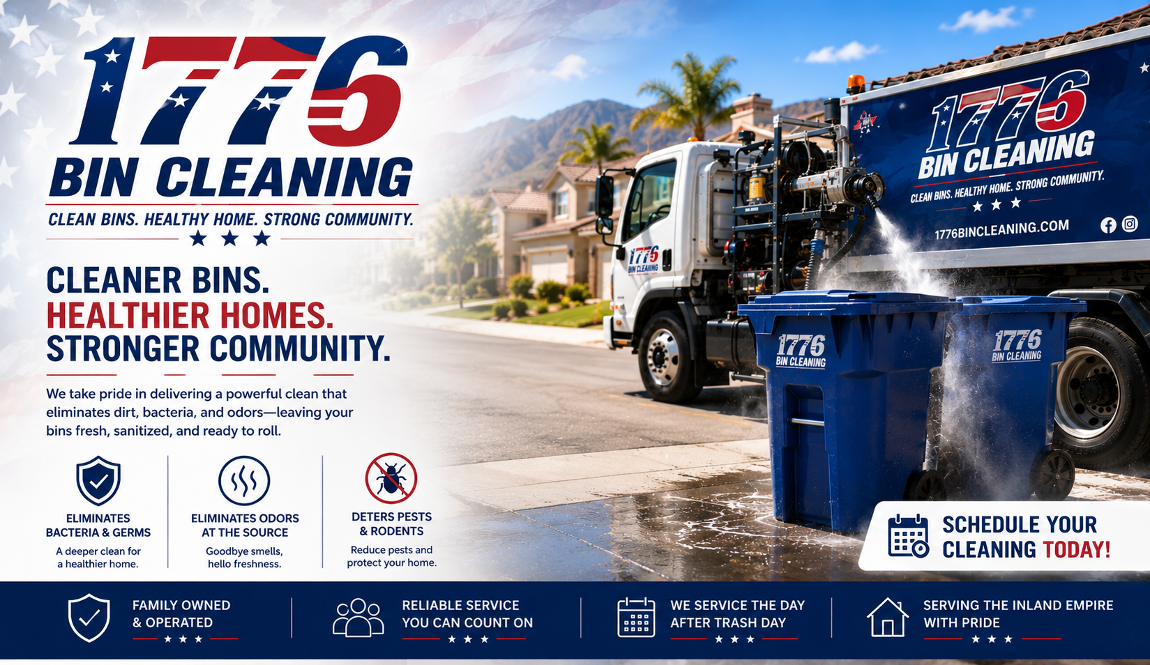 Graphic advertisement for 1776 Bin Cleaning, showing a truck cleaning a blue trash bin on a suburban street with houses and mountains in the background. Text highlights the company's services and benefits, including promoting healthier homes, eliminating bacteria and odors, deterring pests, and scheduling cleaning services.