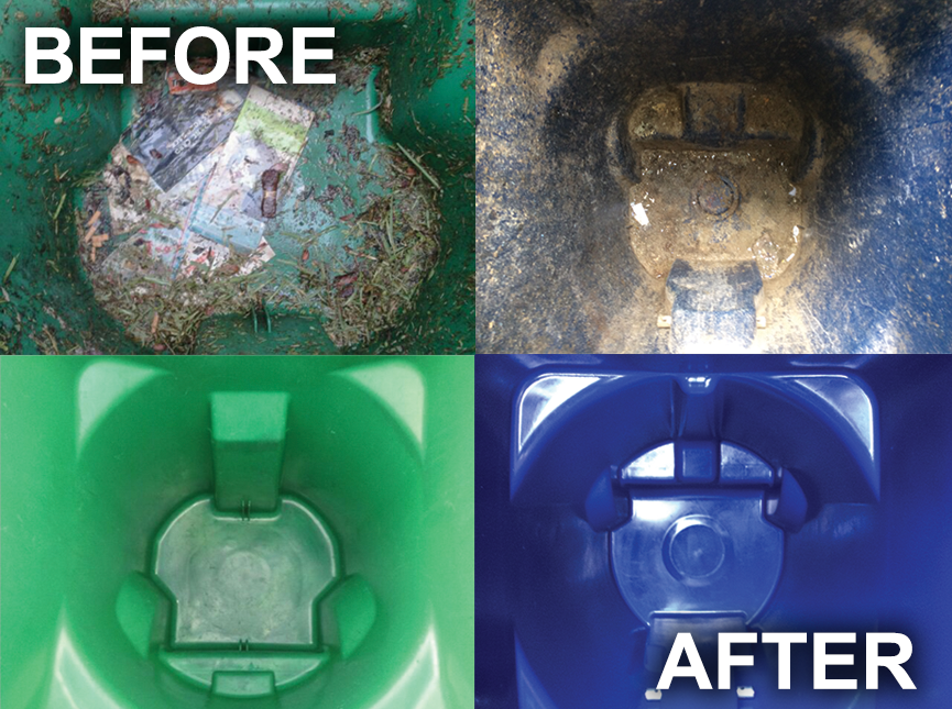 Comparison of the inside of a trash or recycling bin before and after cleaning, showing a dirty, debris-filled interior and a clean, shiny interior.