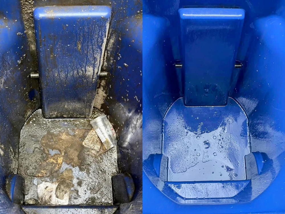 Comparison of a dirty, trash-filled trash can on the left and a clean, empty trash can on the right.