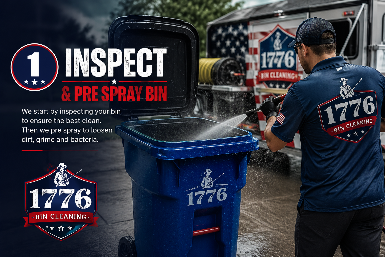 A man in a blue shirt with a logo and American flag patch is spray cleaning a blue trash bin with a high-pressure hose. The trash bin has a logo that reads '1776 Bin Cleaning,' and there is a truck in the background with a matching logo.