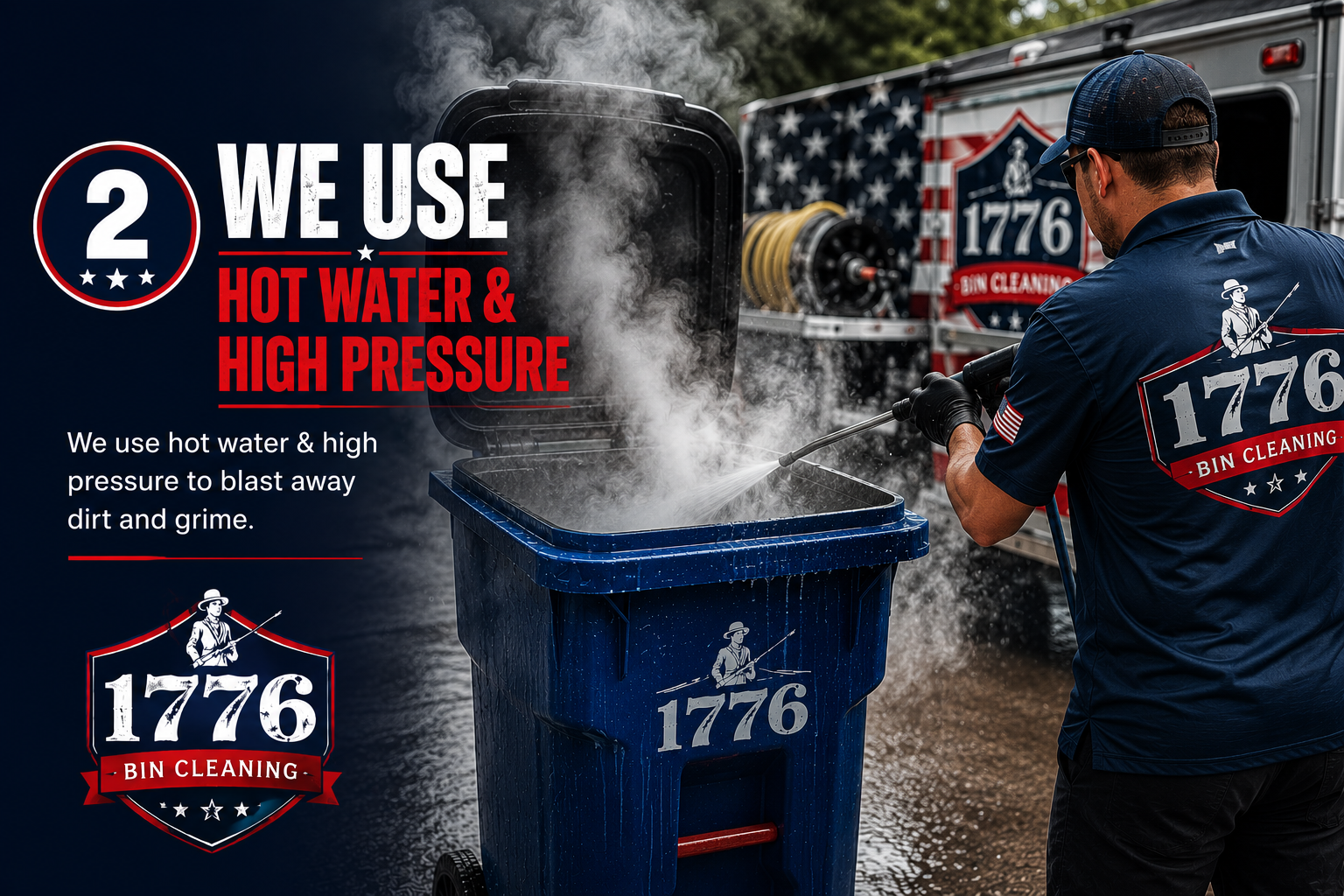 A man wearing a navy blue uniform with a patch that says 1776 bin cleaning is using a pressure washer to clean a trash bin. The background includes a truck with patriotic-themed decorations and the 1776 logo.