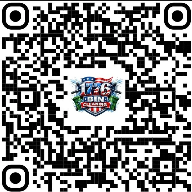 A QR code with a logo in the center that says '176 Bin Cleaning' with a patriotic American theme including an American flag, stars, and water splashes.
