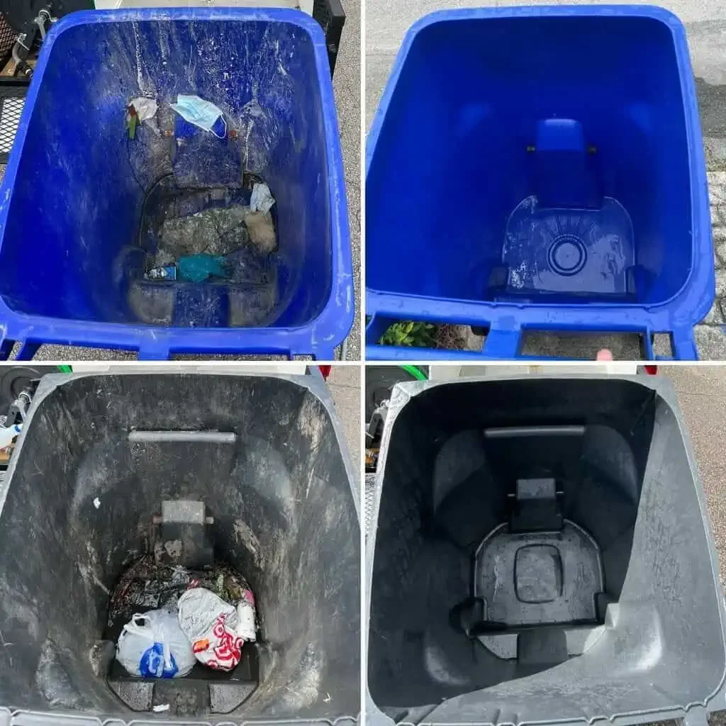 Progression of four trash bins showing increasing cleanliness from top left to bottom right.