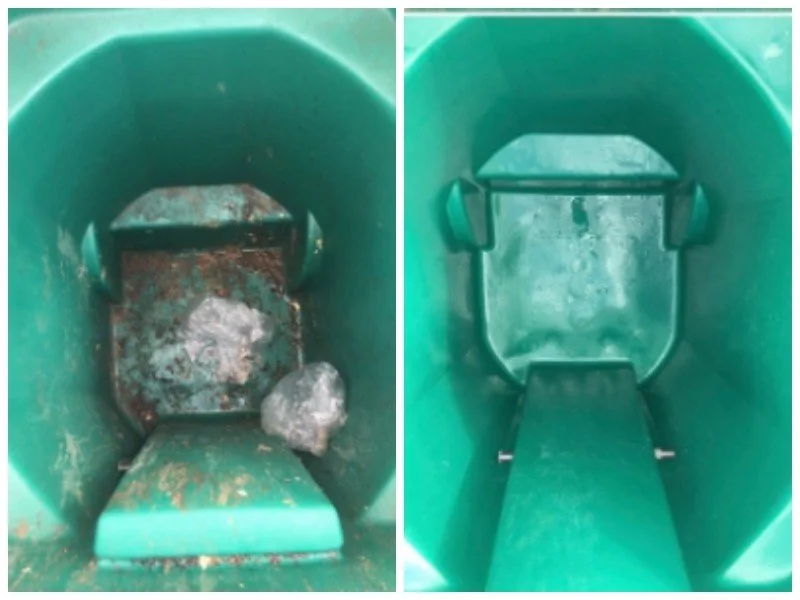Comparison of a trash bin before and after cleaning, showing inside view with rust and debris on the left and a clean interior on the right.