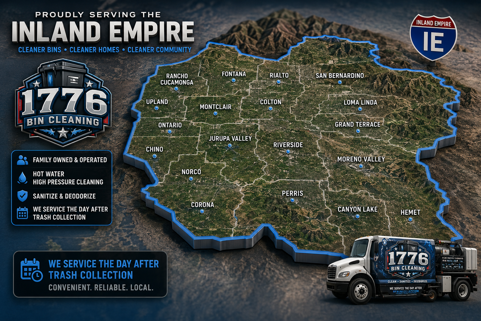 Map of the Inland Empire in California with cities labeled, showin an outline of the region against a mountainous background, and a trash collection truck with the 1776 Bin Cleaning logo, highlighting services like hot water cleaning, sanitizing, deodorizing, and after-trash collection service.