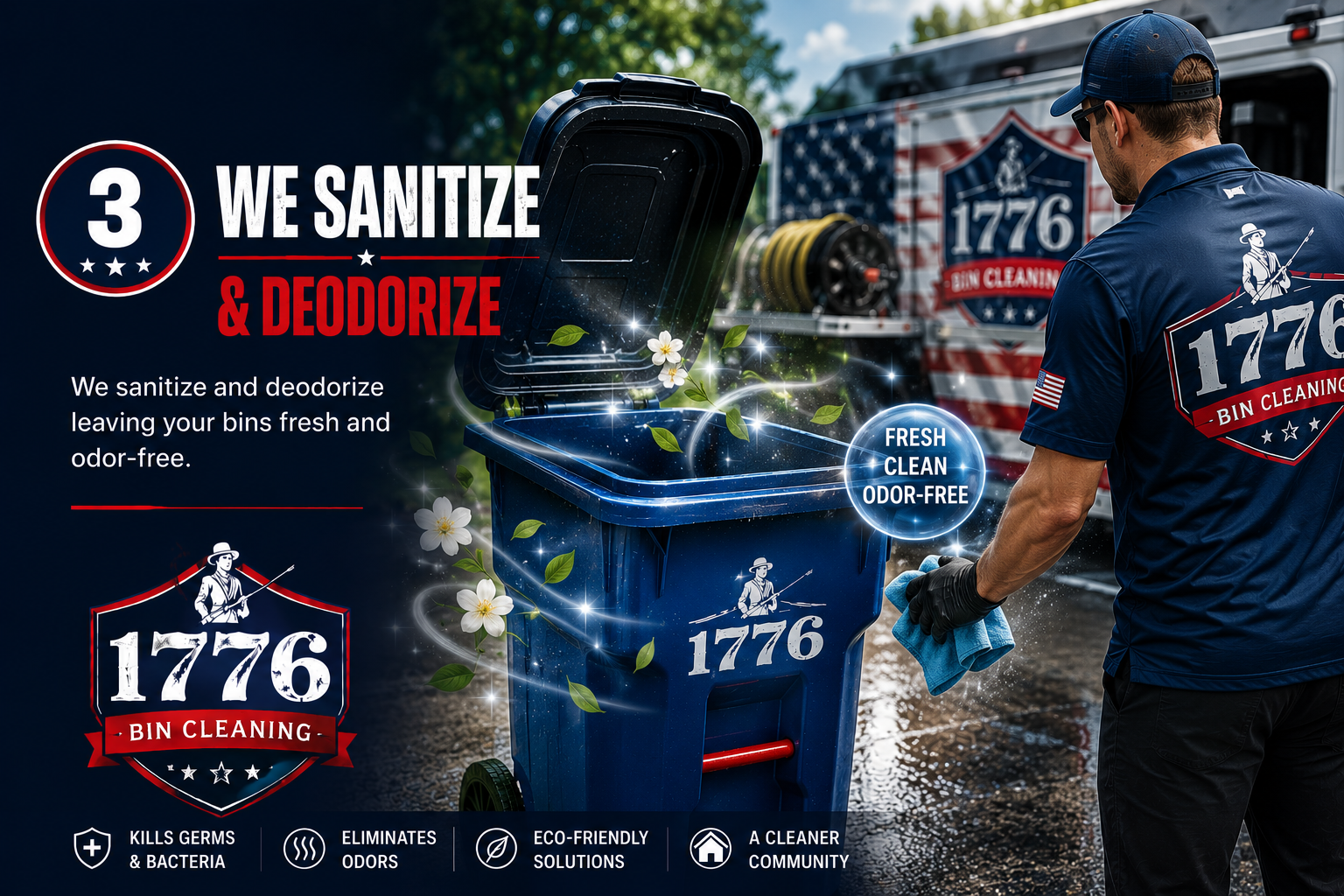 A person wearing a navy blue shirt and cap with a logo, cleaning out a blue trash bin with a logo and the number 1776, outdoors near a fire truck, promoting the bin cleaning service with text indicating sanitization, deodorization, germ and bacteria killing, odor elimination, eco-friendly solutions, and community aid.