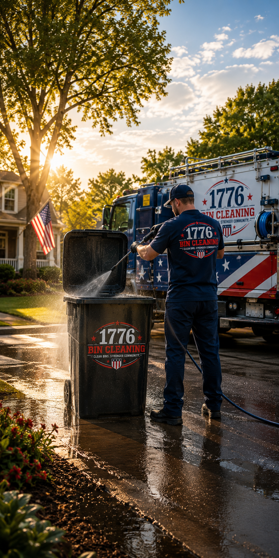 A man wearing a dark blue uniform and cap, with "1776 Bin Cleaning" on the back, is washing a trash bin with a hose during sunset in a residential neighborhood. There is a truck with similar branding behind him, an American flag, a large tree, and a house.