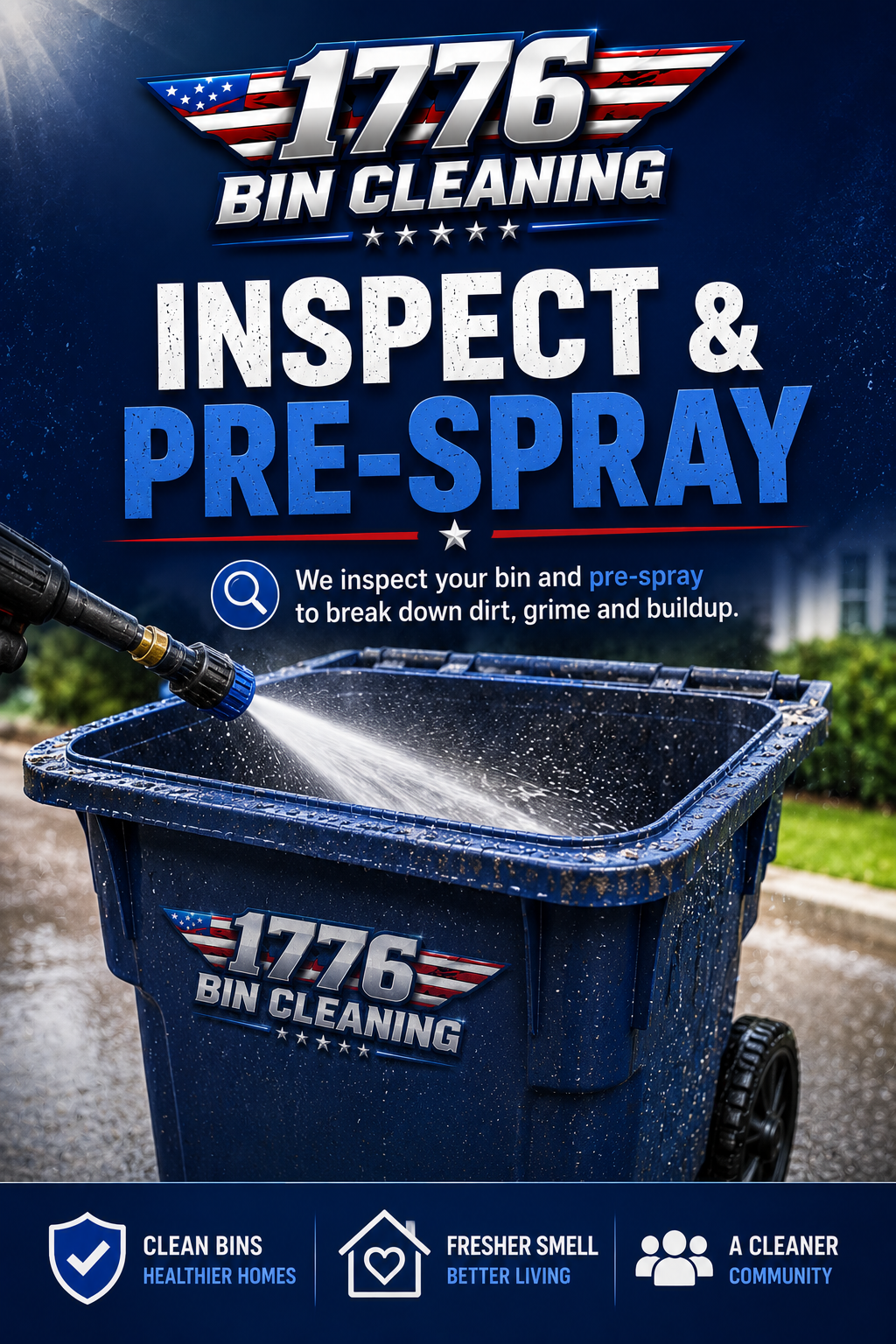 A sign for 1776 Bin Cleaning with a blue trash bin being pressure washed and the company's logo on the bin.